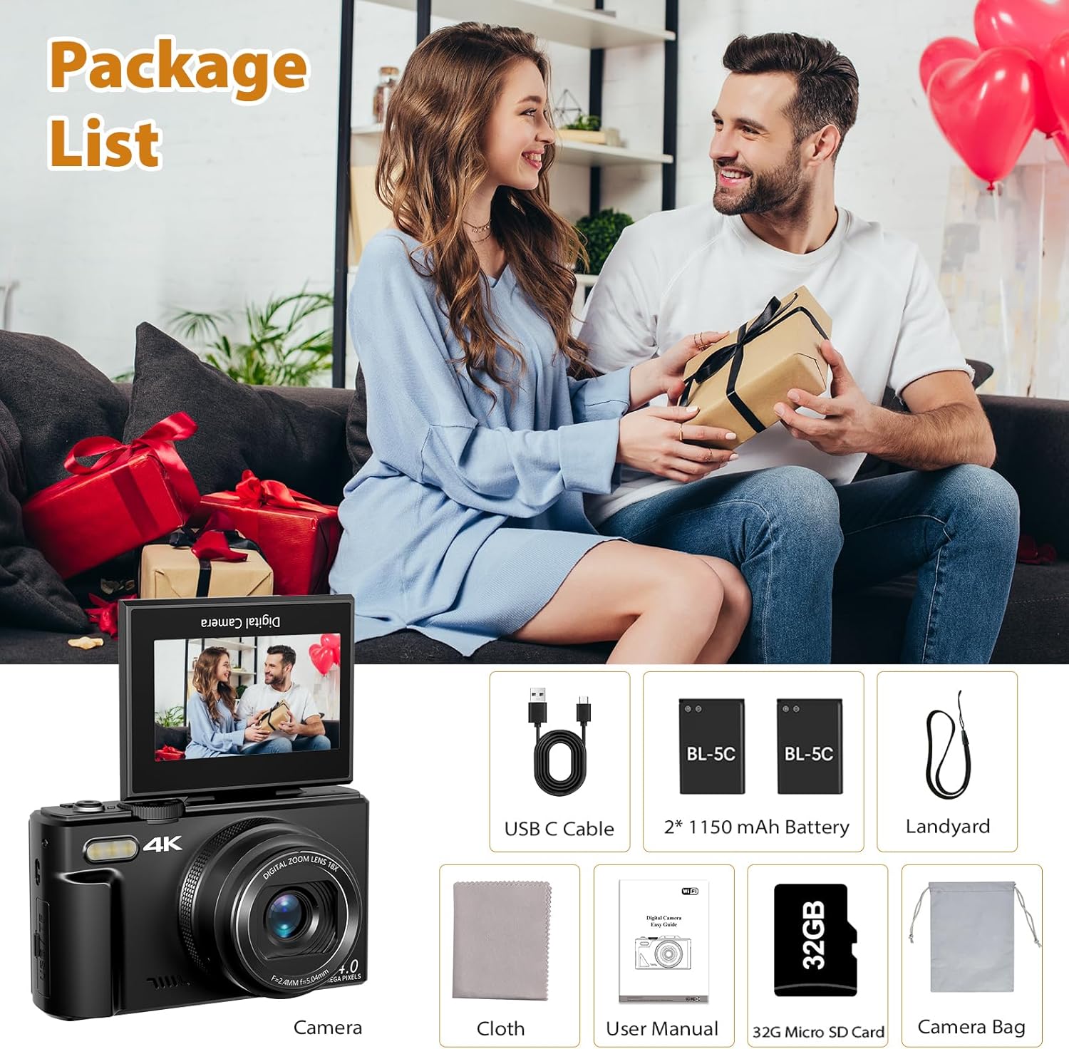 4K Digital Camera for Photography, 4K 64MP Vlogging Camera for YouTube with 3" 180° Flip Screen, Compact WiFi Camera with 18X Digital Zoom, 32GB Micro SD Card & 2 Batteries, Black - Image 8