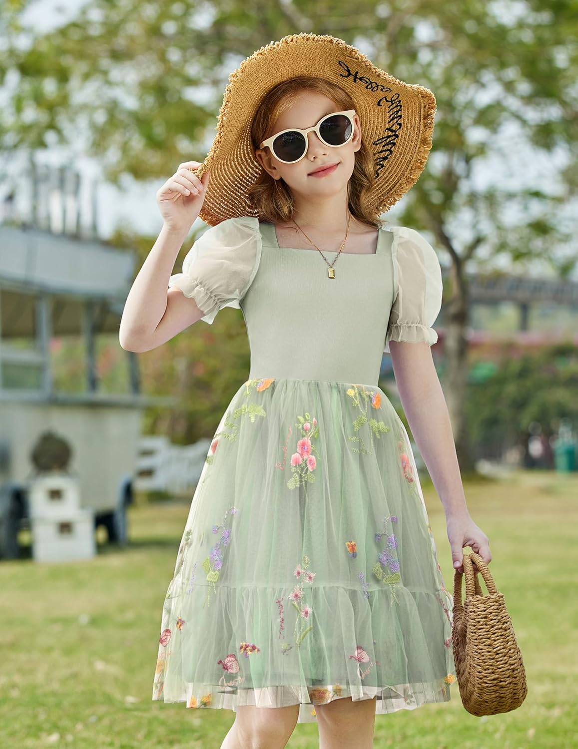 Arshiner Girls Dresses Tulle Bow Tie Back Puff Sleeve Party Holiday Spring Summer Dress for 6-16 - Image 2