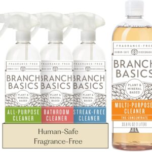 Branch Basics Cleaning Essentials Kit: All Purpose, Glass and Bathroom Cleaner – Concentrate (33.8 Oz) (17 Refills) + Refillable Plastic Spray Bottles (24 Oz) Plant Based, Human-Safe, & Fragrance Free