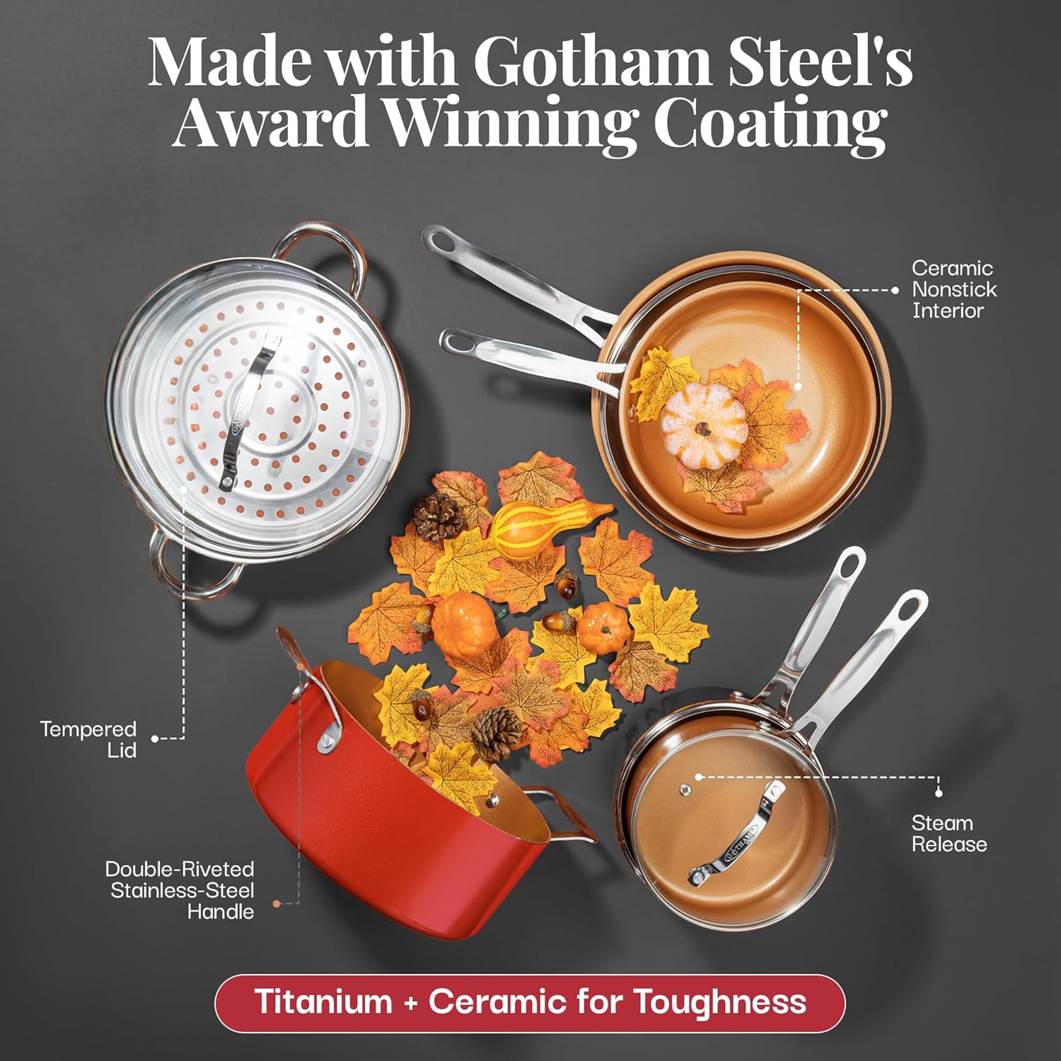 Gotham Steel 20 Pc Pots and Pans Set Nonstick Cookware + Bakeware Set, Complete Ceramic for Kitchen, Non Stick with Lids, Dishwasher / Oven Safe, Toxic - Red - Image 7