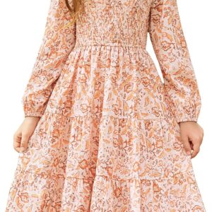 GRACE KARIN Girls Long Sleeve Fall Floral Dress Ruffle Round Neck Smocked Layered Hem