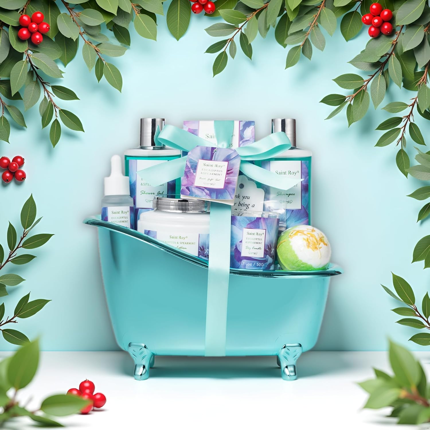 Bath and Body Basket Set Luxury EUCALYPTUS & Mint Spa Gift Basket for Women, Unique Bath Gift Baskets Gifts, Home Spa Kit Christmas Gifts for Women, birthday gift baskets for Dad Mother's Day - Image 4