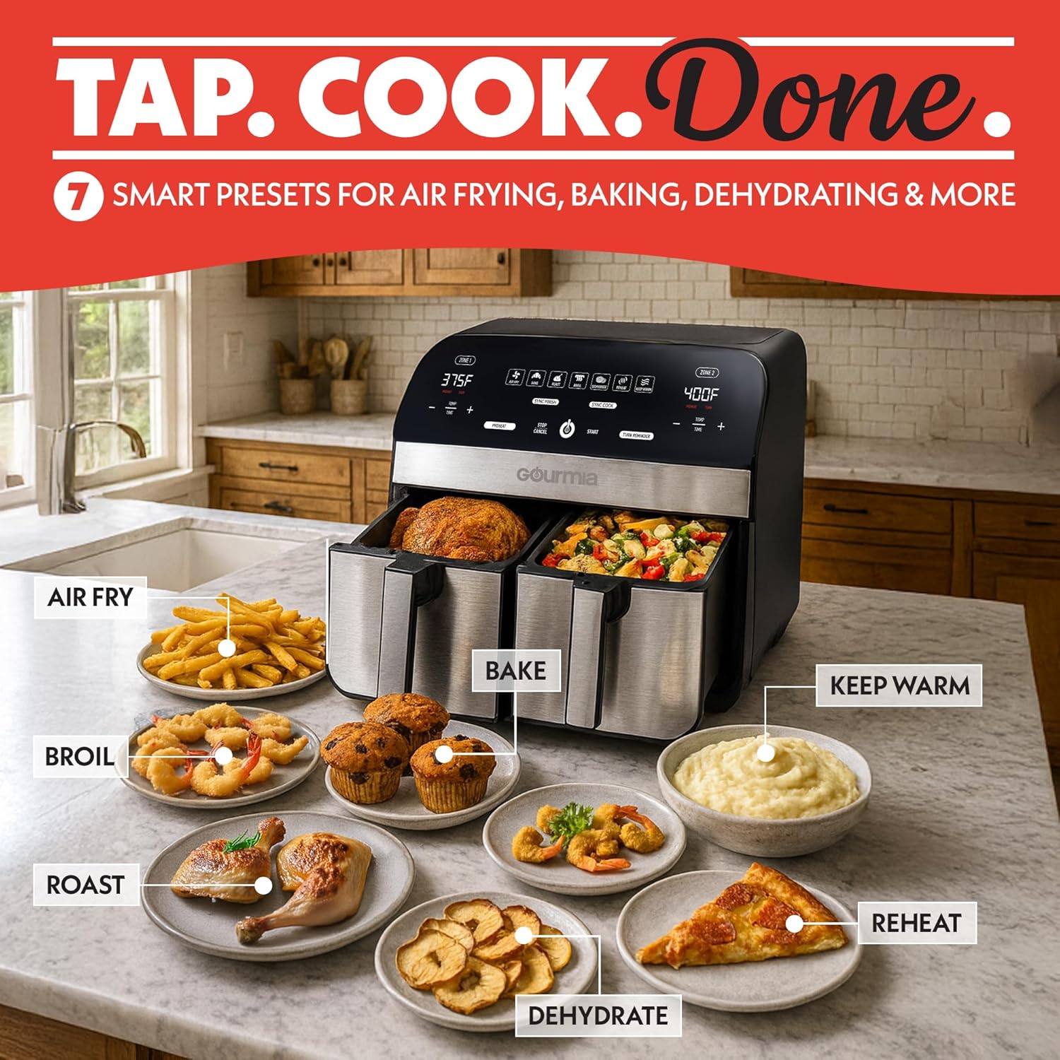 Gourmia Dual Basket Air Fryer - 10 Qt Large Capacity, FryForce360º, Digital Display with 7 Presets, Roast, Bake, Broil, Dehydrate, Match Cook, Sync Finish, Dishwasher Safe Accessories, Black - Image 2