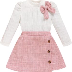 Toddler Girl Plaid Outfits Fall Winter Dress Knit Ribbed Bow Sweatshirt Tops and Button Fashion Skirts Set