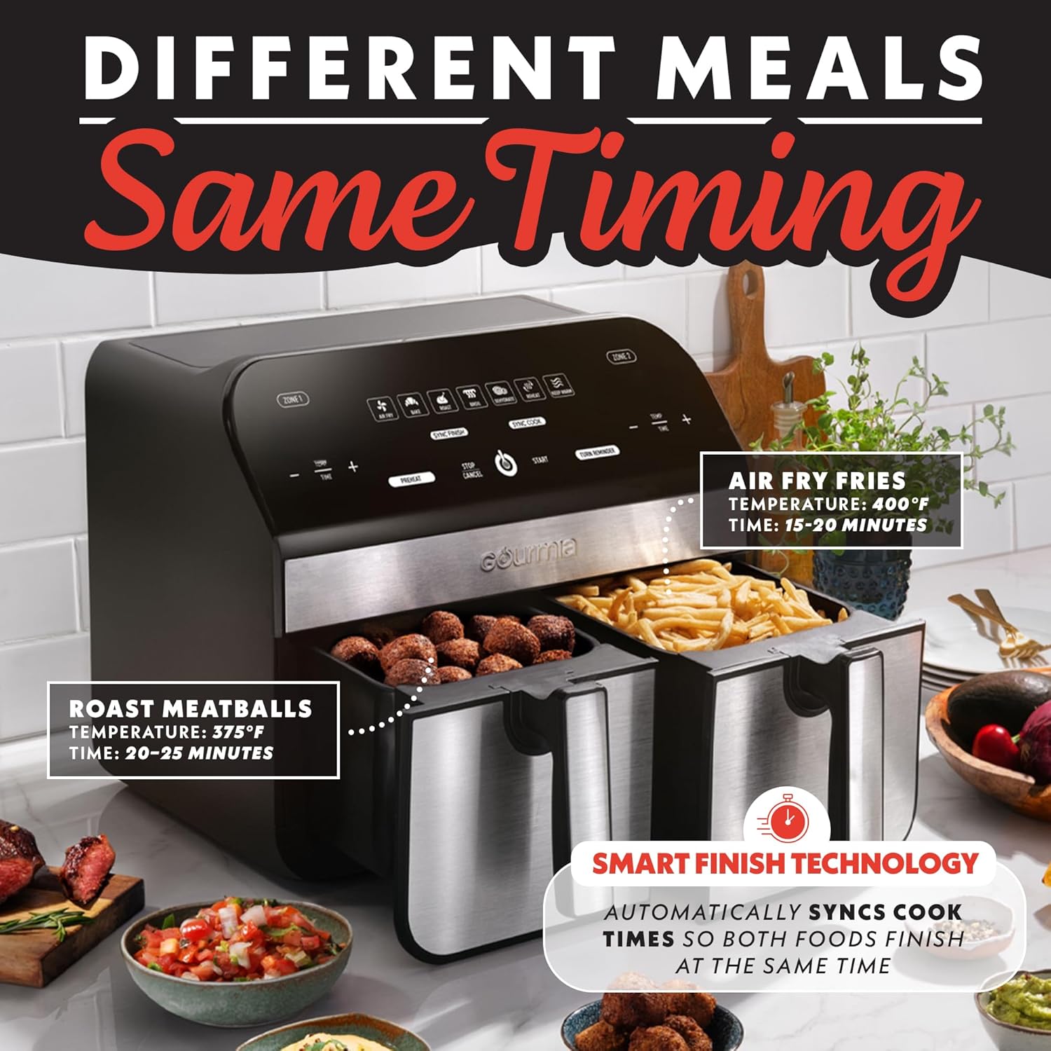 Gourmia Dual Basket Air Fryer - 10 Qt Large Capacity, FryForce360º, Digital Display with 7 Presets, Roast, Bake, Broil, Dehydrate, Match Cook, Sync Finish, Dishwasher Safe Accessories, Black - Image 7