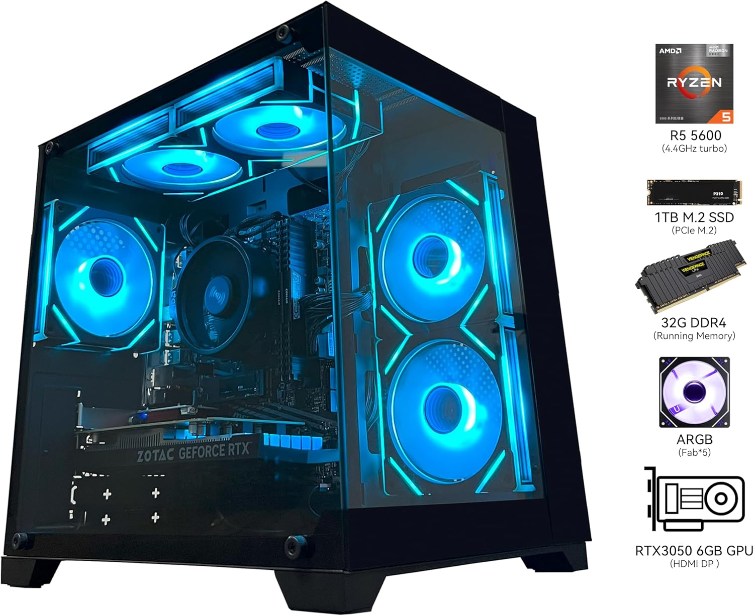 Gaming Desktop Computer PC,AMD Ryzen 5 5600,RTX3050 6GB,32GB RAM and 1TB M.2 NVMe PCle,ARGB Fan,WiFi,Game Design Office Console,Sea View Room,Prebuilt Gaming PC Tower - Image 3