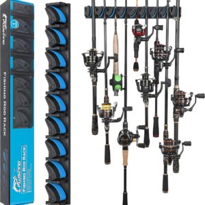 PLUSINNO Vertical Fishing Rod Holder, Wall Mounted Fishing Rod Rack, Fishing Pole Holder Holds Up to 9 Rods or Combos, Fishing Rod Holders for Garage, Fishing Gear and Gifts for Men