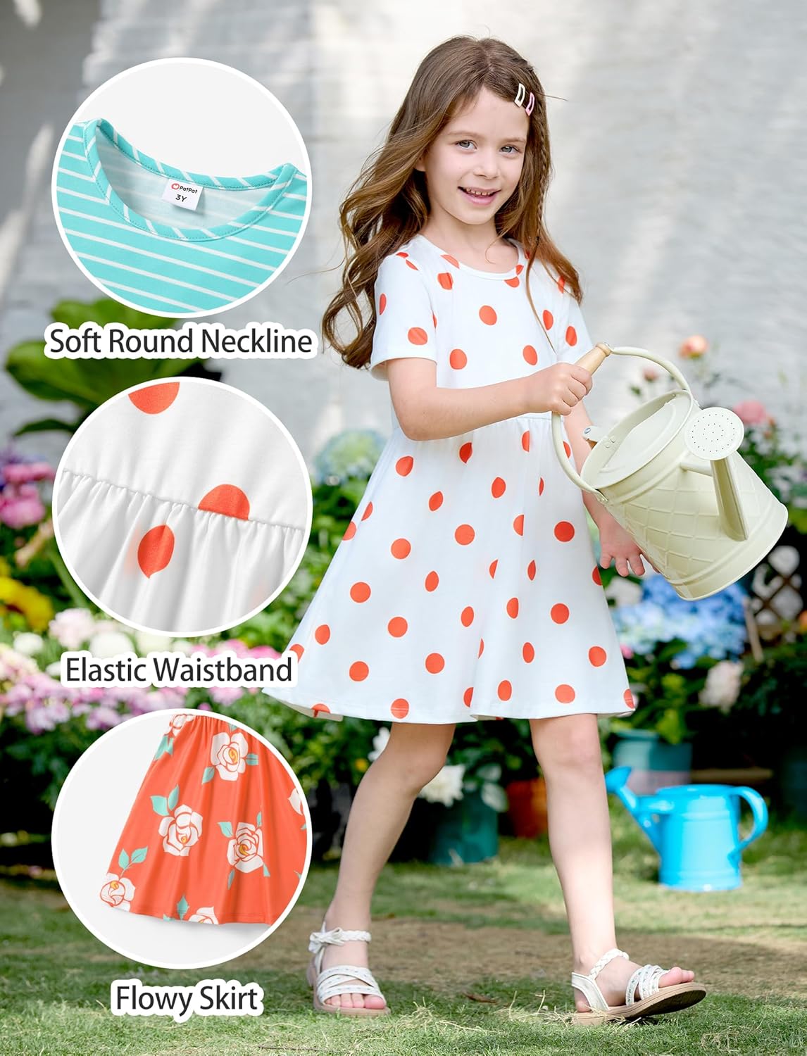 PATPAT Toddler Girl Floral Skater Multipack Dresses 3-Pack Polka Dots Short Sleeve Priness A-line Dress - Image 3