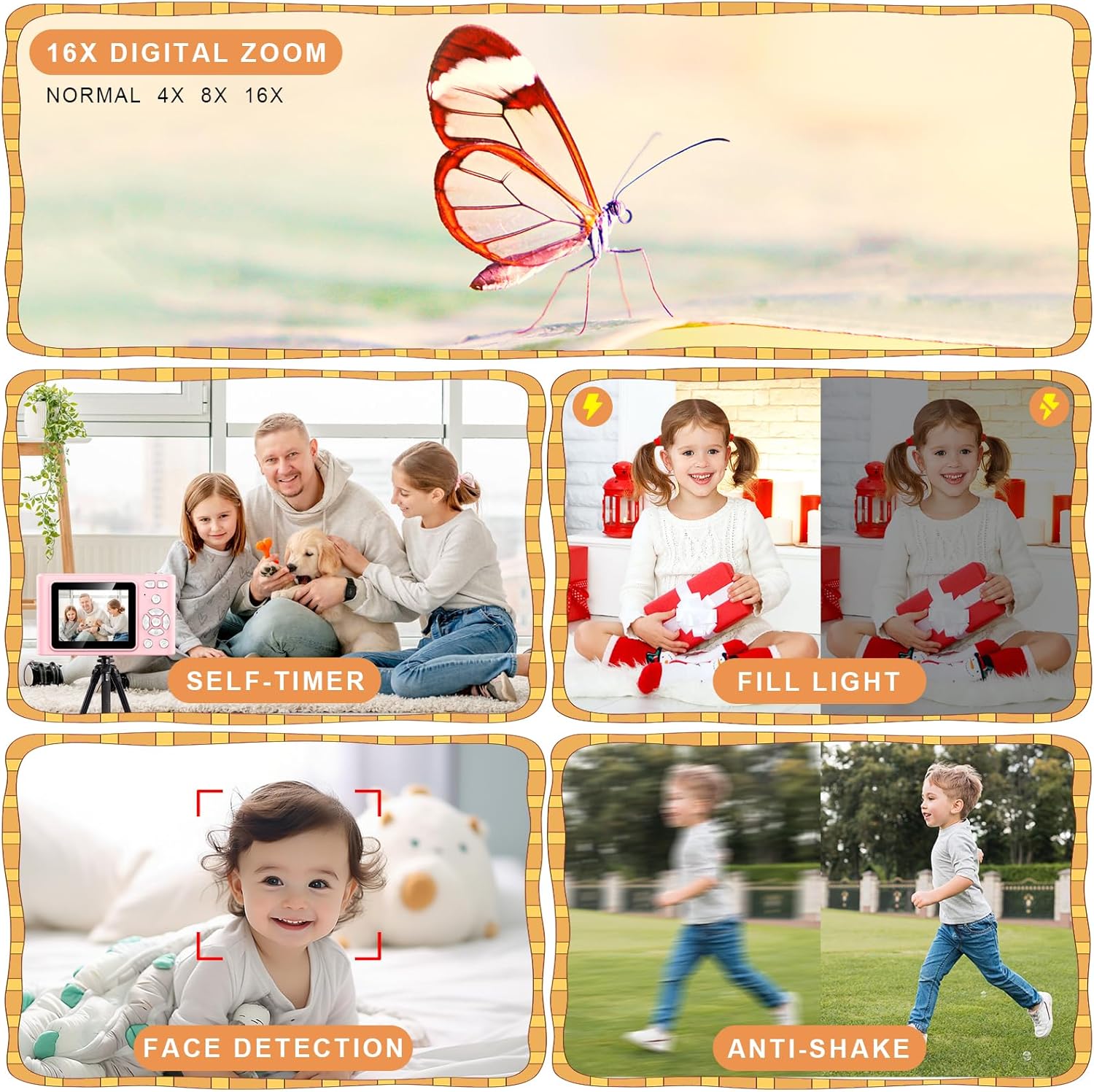 Digital Camera, Camera for Kids, UHD 4K 48MP Point and Shoot Digital Cameras with 64GB SD Card and 16X Digital Zoom Anti Shake, Compact Portable Small Gift for Boys Girls Students, Pink - Image 3