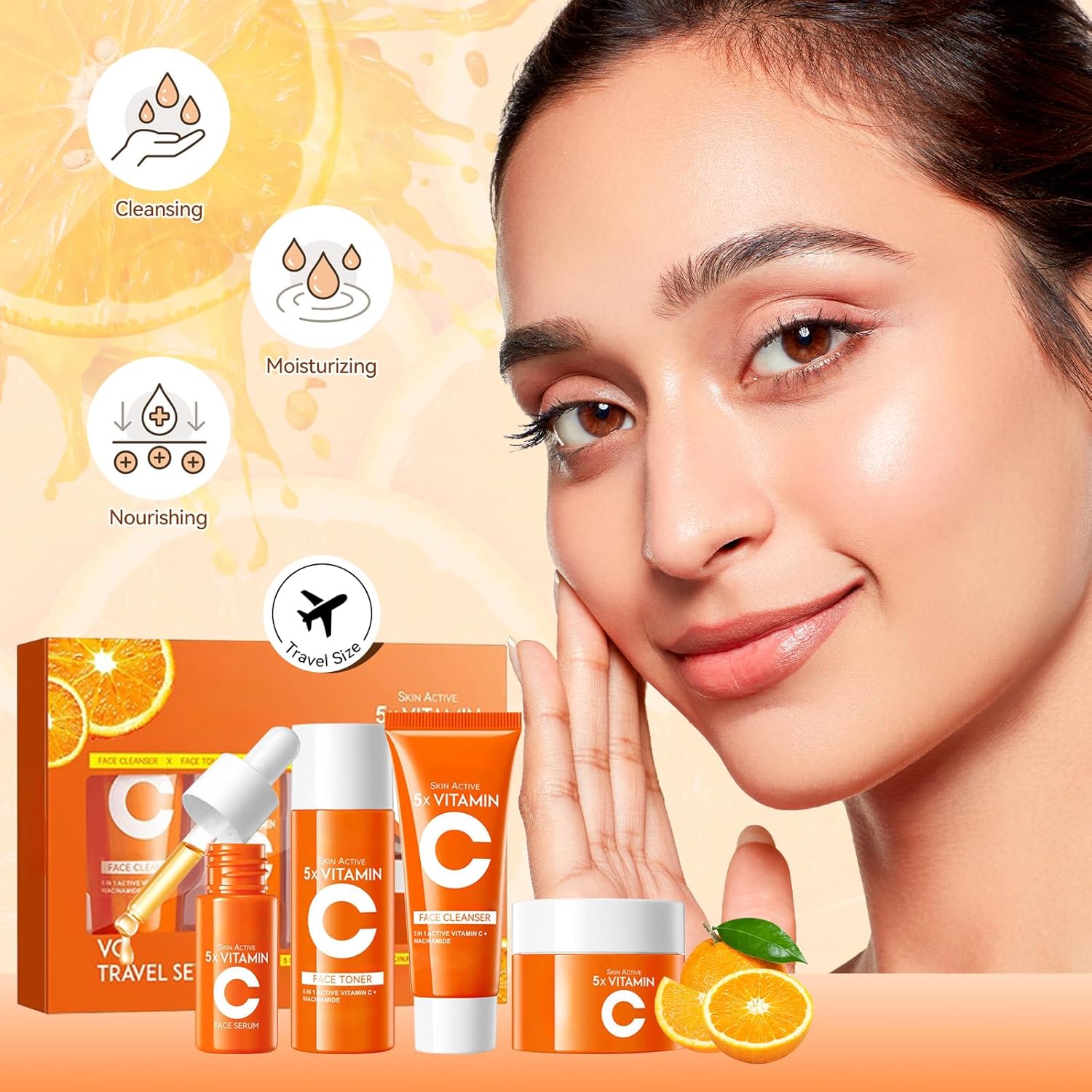 4-in-1 Vitamin C Skincare Kit for Women, Moisturizing & Hydrating Skincare Travel Kit, Face Care Gift Set with Facial Cleanser, Toner, Serum and Face Cream - Image 5