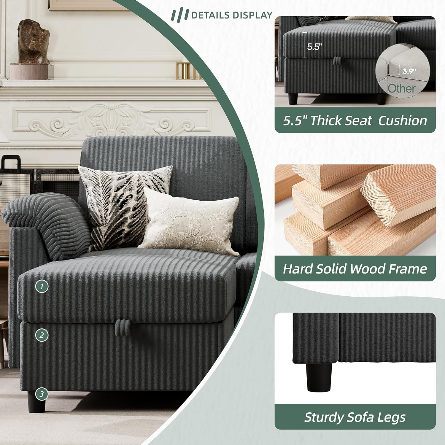 Vongrasig 79" Convertible Sectional Couches Sofa with Storage Ottoman, 3 Seat L Shaped Couch with Side Storage Pockage, Small Couches for Living Room, Apartment and Small Space, Grey - Image 3