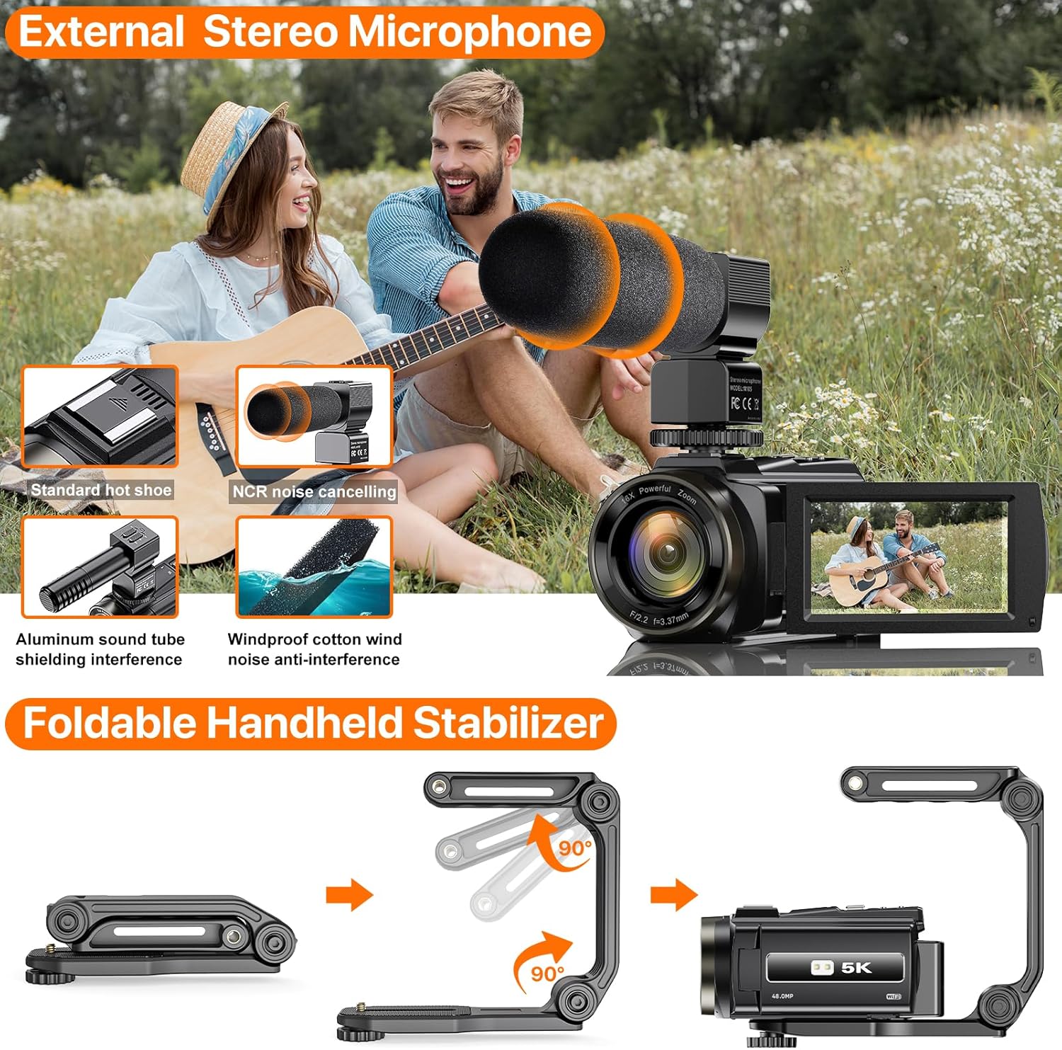 Video Camera, 5K Camcorder UHD 48MP WiFi Vlogging Camera for YouTube IR Night Vision Anti-Shake 16X Digital Zoom 3” Touch Screen Camera with Microphone,Handheld Stabilizer,Lens Hood,Remote,2 Batteries - Image 5