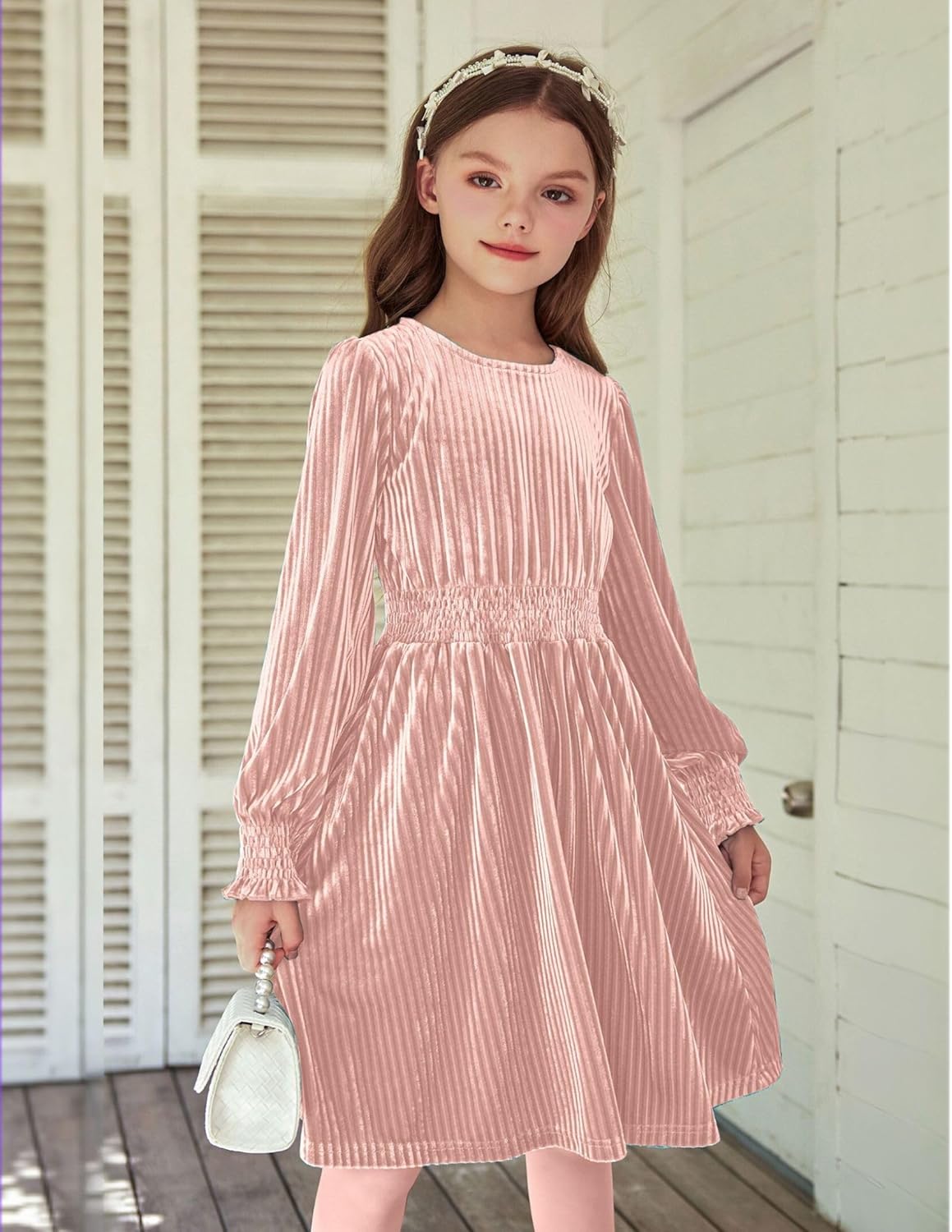 Arshiner Girls Long Sleeve Dress Velvet Crew Neck Midi Fall Vintage Plain Dress for Kids 4-13Y - Image 2