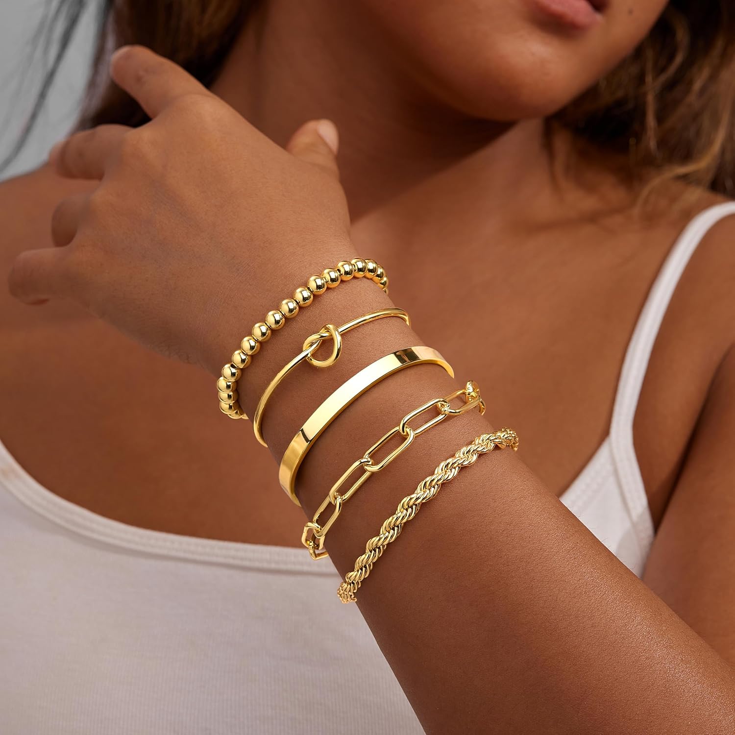 Gold Bracelets Set for Women Non Tarnish, 14K Gold Plated Sterling Silver Chunky Cuff Bracelet Stackable Gold Bangles Bracelet for Women Trendy Fashion Accessories Tie Knot Cuban Rope Paperclip Beaded Bracelet Stack Jewelry Valentines Day Gifts - Image 2