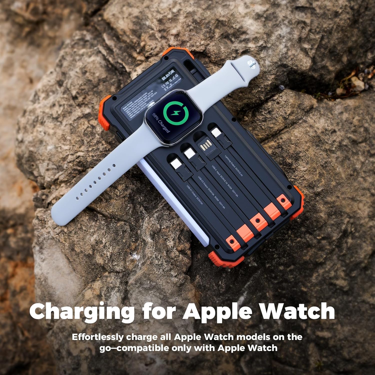 BLAVOR Solar Power Bank 20000mAh Built-in Cables, Wireless Charger for Apple Watch, 20W Fast Charging Battery Pack with USB C, Flashlight, Solar Charger for iPhone, iPad, iWatch, Samsung - Image 4