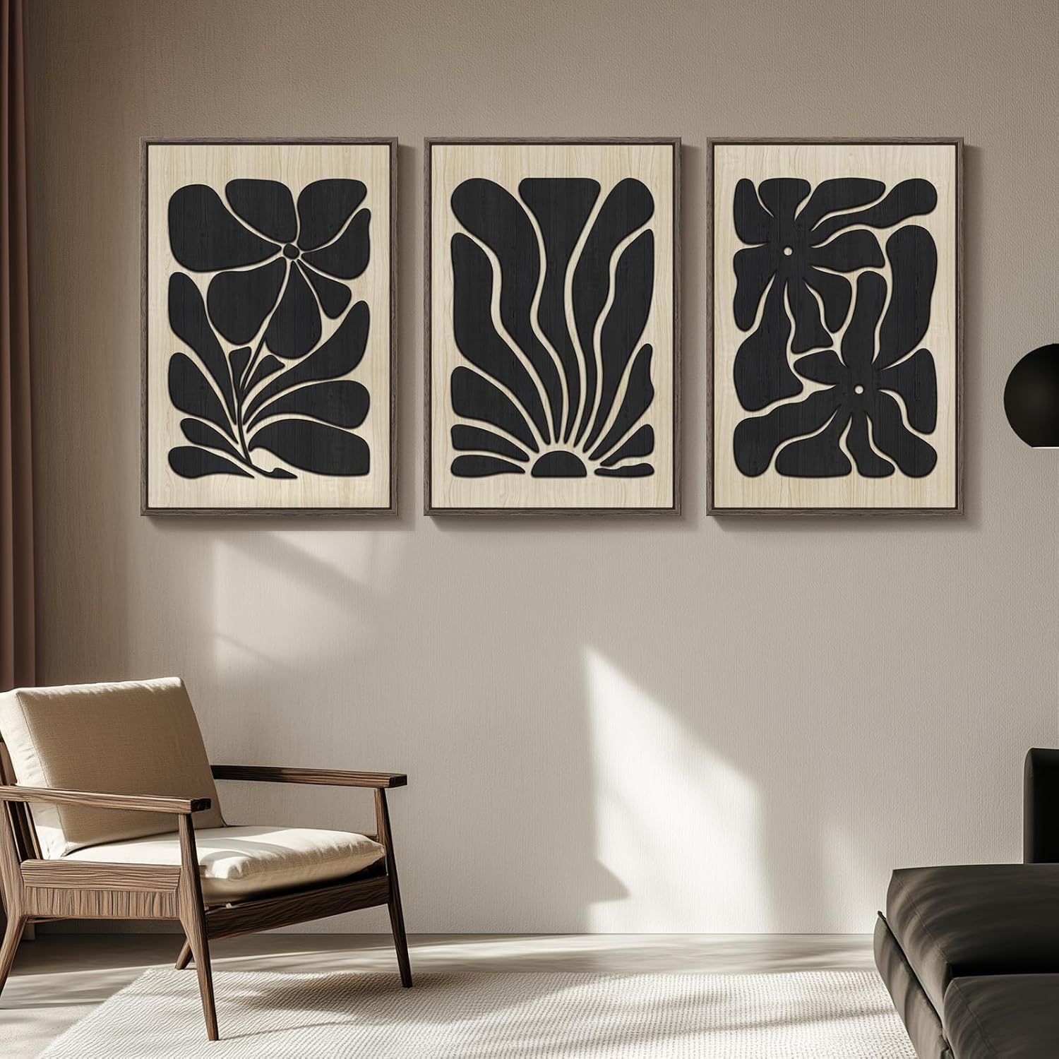 Framed Textured Wood 3D Wall Art for Living Room, Large Boho Floral Black and Beige Artwork for Walls, 3 Piece Abstract Bohemian Flower Wood 3D Art for Office Bedroom Hallway Wall decor, 24x36 Inch - Image 5
