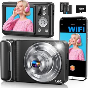 5K Digital Camera for Photography, 64MP Touchscreen WiFi Camera with Autofocus 6X Optical & 16X Digital Zoom, Dual-Lens Vlogging Camera for YouTube Video Anti-Shake, Travel Compact Camera with Flash