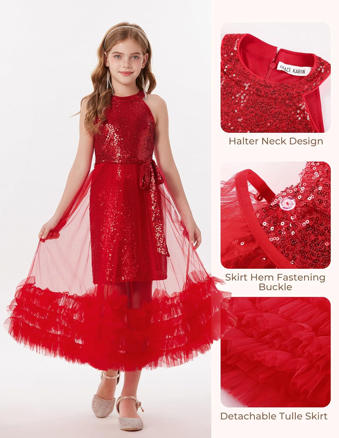 GRACE KARIN Girls Sequin Party Dress Formal Sparkly Pageant Tulle Maxi Teen Prom Halter Dresses for 7-14 Years - Image 4