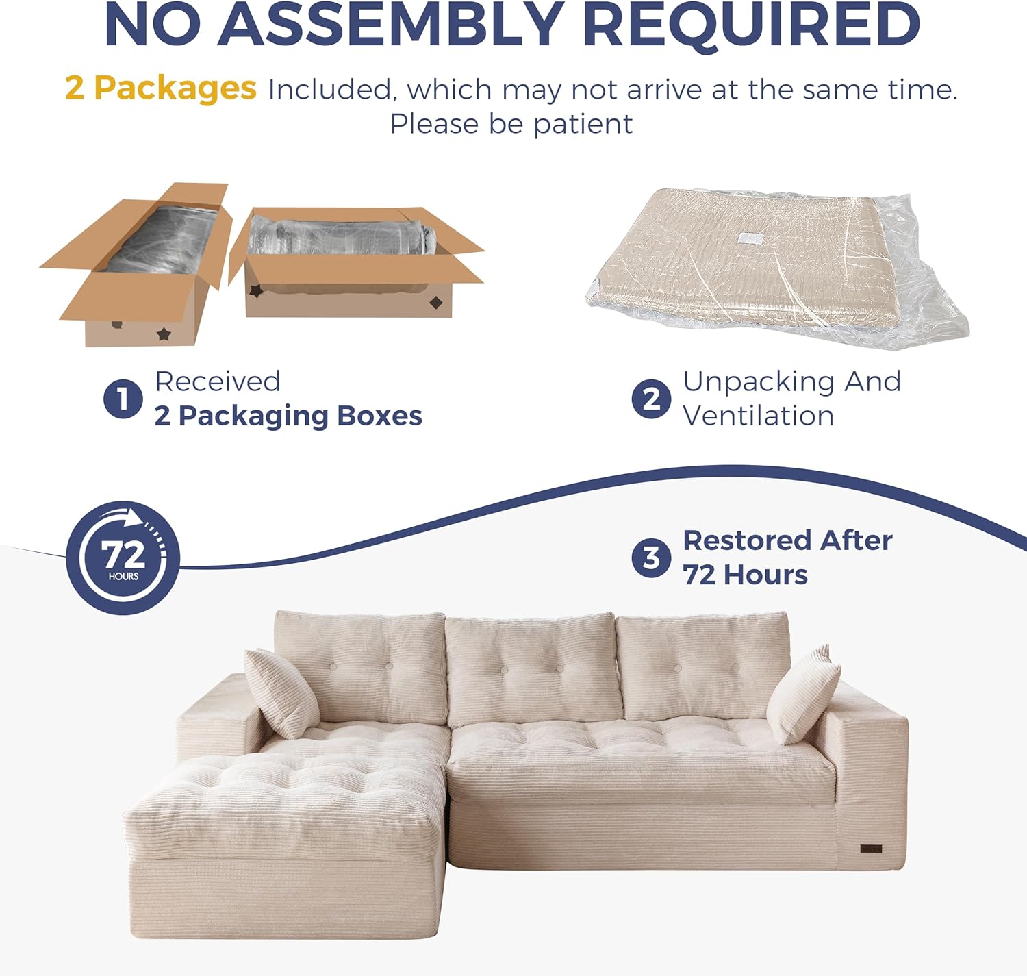 MAXYOYO 104" L Shaped Modular Sectional Sofa with Ottoman, Cloud Boneless Couch with Layered Cushion, Upholstered Sofa in a Box, Flexible Module Combination for Living Room, No Assembly, Beige - Image 9