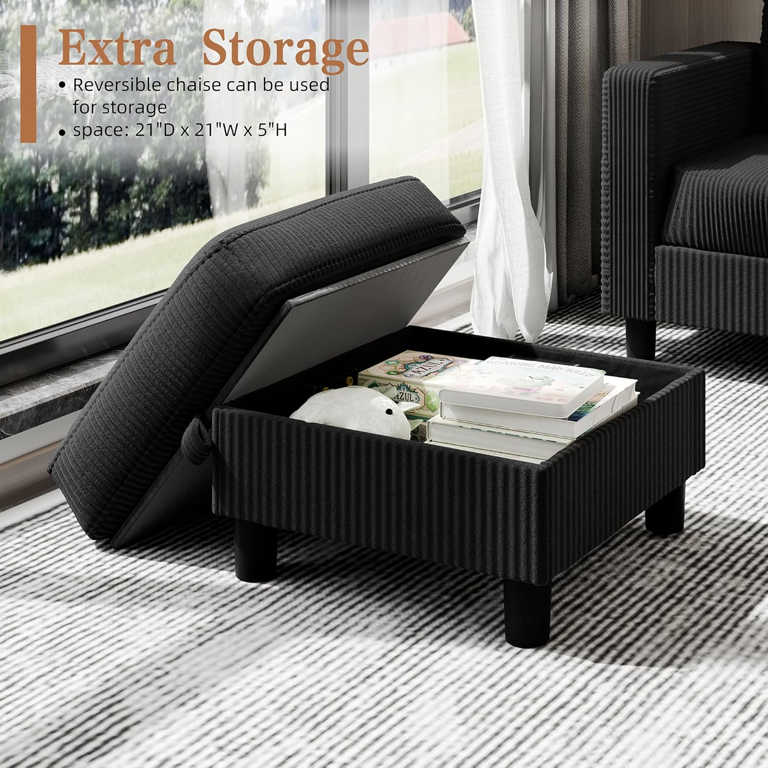 Shintenchi 76" Modern Upholstered Sectional Sofa, L-Shaped Couch with Storage Ottoman and Reversible Chaise for Living Room, Black Corduroy Fabric - Image 7