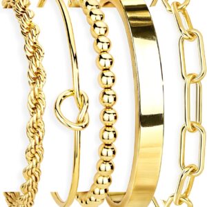 Gold Bracelets Set for Women Non Tarnish, 14K Gold Plated Sterling Silver Chunky Cuff Bracelet Stackable Gold Bangles Bracelet for Women Trendy Fashion Accessories Tie Knot Cuban Rope Paperclip Beaded Bracelet Stack Jewelry Valentines Day Gifts