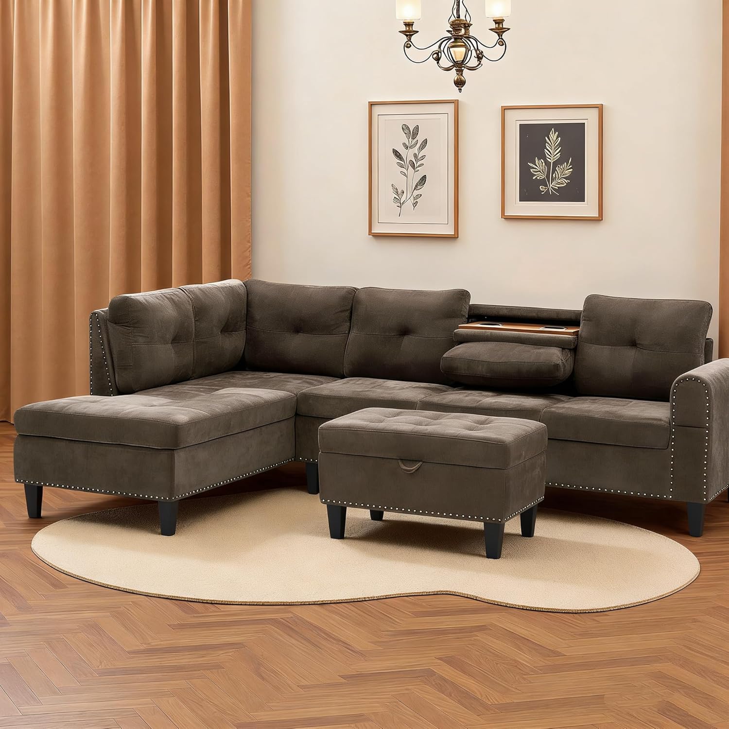 L-Shaped Sectional Sofa with Movable Chaise & Storage Ottoman, Lounge 3-Piece Modular Convertible Couches for Living Room, Apartment & Office, Brown - Image 3