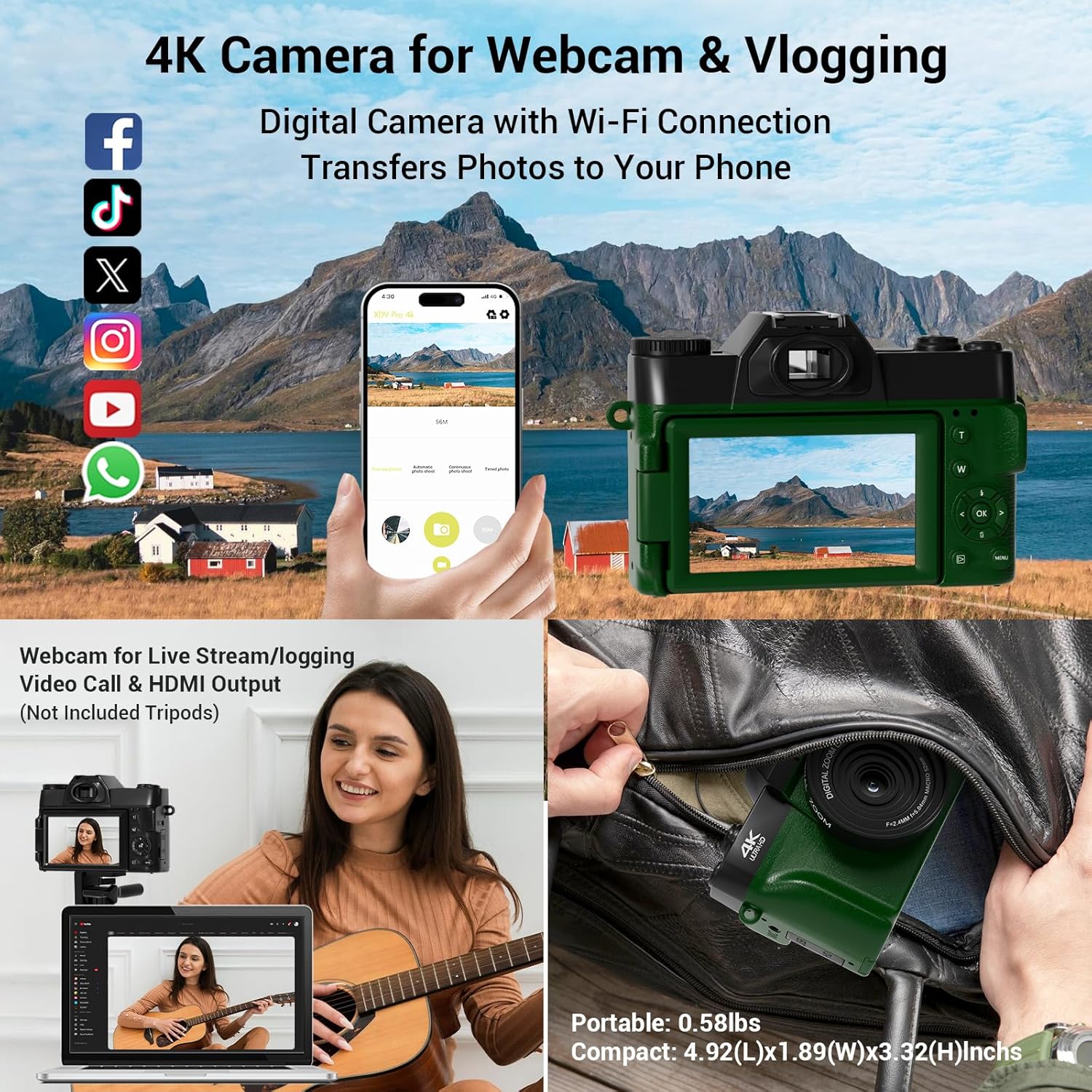 4K Digital Camera for Photography Autofocus 75MP 16X Digital Zoom with 3'' 180° Flip Screen Vlogging YouTube Video Students Compact Cameras with 2 Batteries 64GB Micro SD Card(DeepGreen) - Image 3
