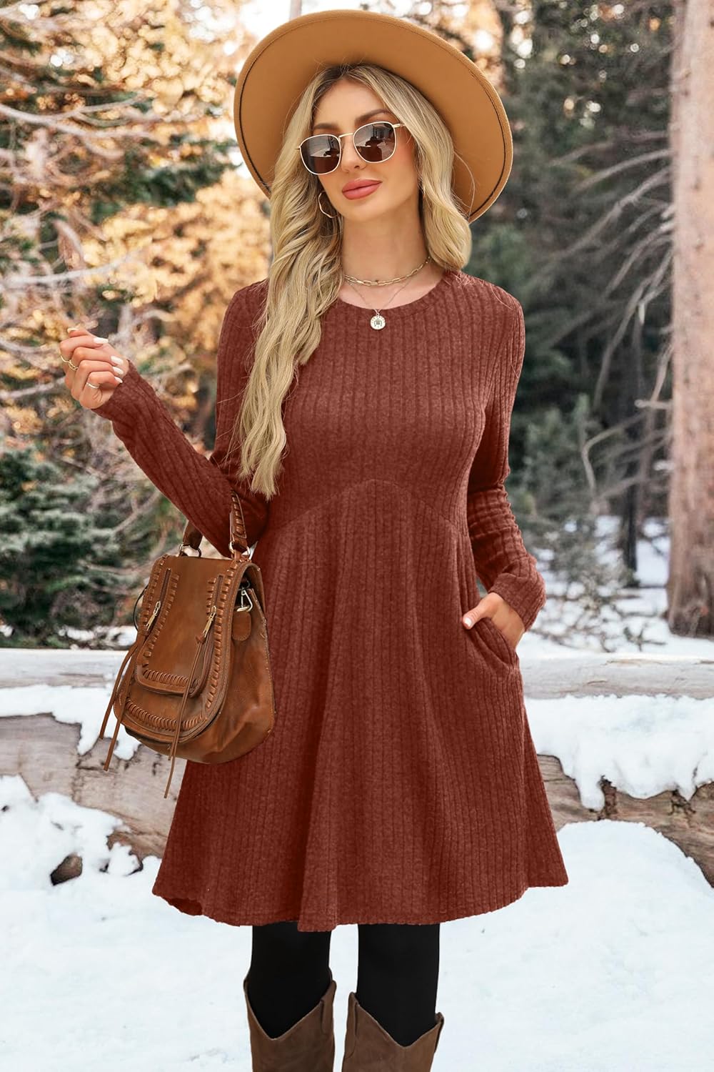 OFEEFAN Long Sleeve Dress for Women Crew Neck Empire Waist Tunic Dress with Pockets - Image 2