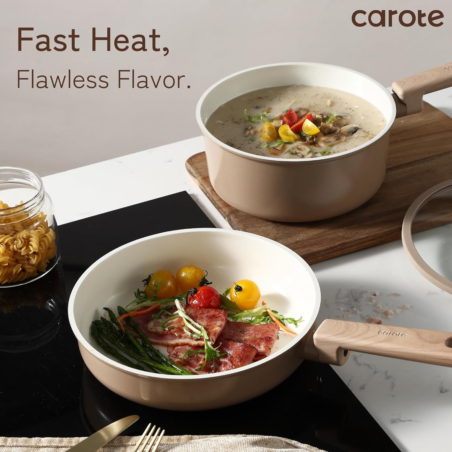 CAROTE 12Pcs Ceramic Pots and Pans Set Non Stick, Healthy Cookware Set, PFAS/PFOA Free, Kitchen Cooking Set with Frying Pans, Taupe - Image 6