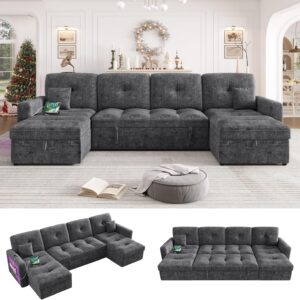 HIFIT 107” LED Sectional Sleeper Sofa with Pull Out Couch Bed, Convertible U Shaped Couch with Storage Chaise, Adjustable Backrest & USB, Modern Chenille Home Sofa Living Room Furniture Set, Grey