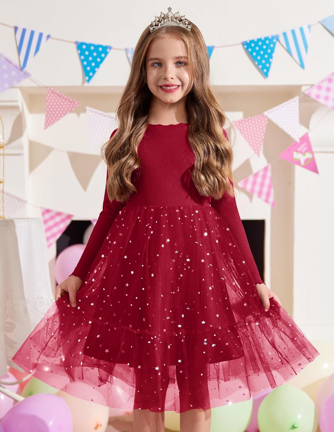 Arshiner Toddler Girl Tutu Dress Fall Winter Long Sleeve Star Sequin Holiday Party Tulle Dresses 2-6Y - Image 2