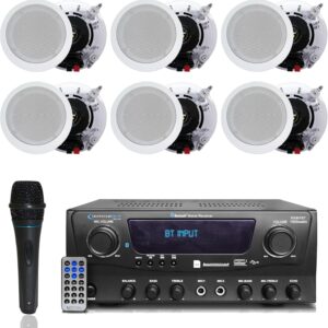Home Theater System Kit 1000 Watts Bluetooth Receiver w/ 6 Qty 5.25″ 175 Watts Each in-Wall in-Ceiling Speakers with Portable Microphone & Remote Control by Technical Pro
