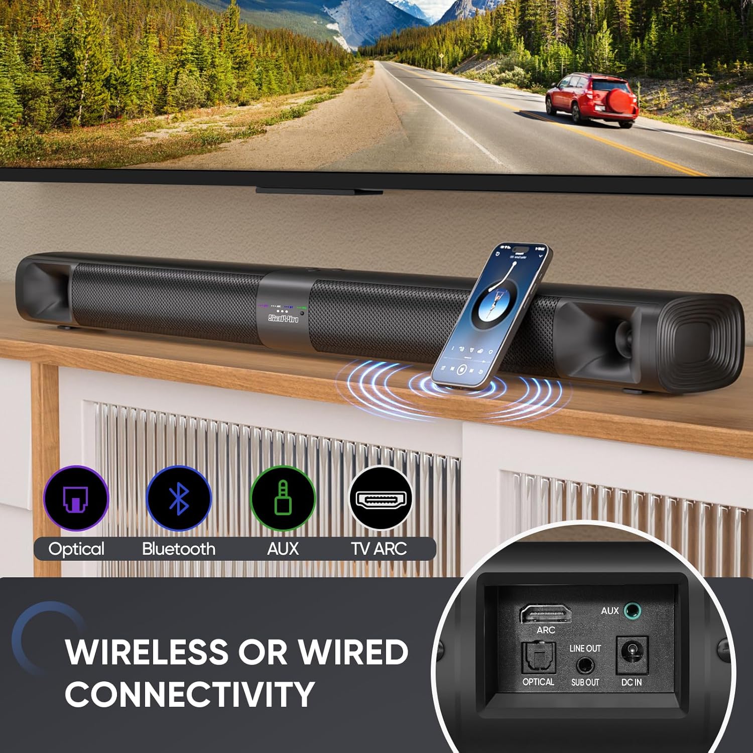 Saiyin Sound Bar for Smart TV with Subwoofer, 100W Detachable Soundbar Home Theater Surround Sound System for TV with Horn Tweeter, Adjustable Bass and HDMI-ARC/Bluetooth Optical/AUX/Connection - Image 6