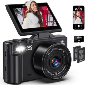 5K Digital Camera for Photography – 75MP WiFi Vlogging Camera for YouTube – UHD 18X Zoom Digital Cameras with Flip Screen 3″ 180° – Travel Flash Camara for Beginners & Adults