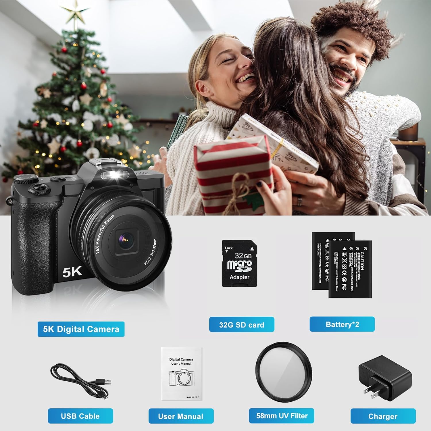 5K Digital Camera WiFi Autofocus Vlogging Camera for YouTube 48MP Camera for Photography and Video, 3.5" Screen Travel Cameras with UV Filter, Anti-Shake,16X Digital Zoom,32GB SD Card,2 Batteries - Image 8