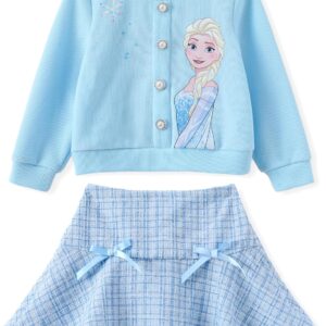 Disney Frozen Elsa Stitch Princess Moana Minnie Toddler Girl 2 Piece Outfit Kid Pearl Button Knit Top & Tweed Skirt Set 2-13Y