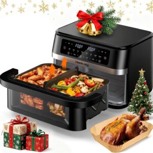 12QT Large Dual Basket Air Fryer with Flex Basket, Viewing Window and 50PCS Paper Liners, 12-in-1 Family Size with Sync & Dual & Light, Double Zone for Bake, Roast, Reheat, Dishwasher Safe