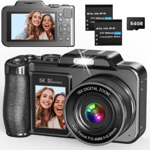 Digital Camera, 5K 80MP 3.5″+2″ Dual Screen Cameras for Photography Autofocus, 18X Digital Zoom Vlogging Camera for YouTube, Travel, Beginners, Include 64GB Card and 2 Batteries, Black