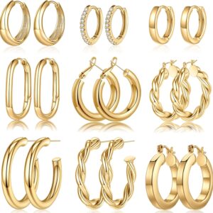 Yesteel 9 Pairs Gold Hoop Earrings for Women, 14K Real Gold Plated Chunky Hoop Earrings Set for Women Hypoallergenic Thick Lightweight Earring for Womens Jewelry Gifts