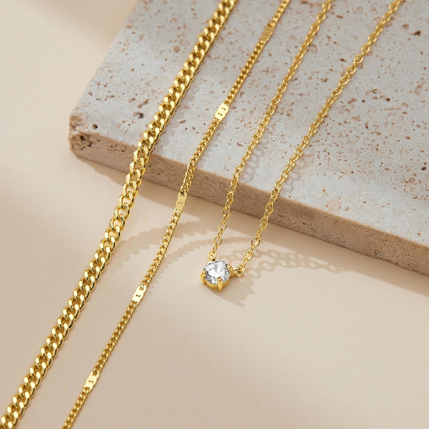 WomenGifts Layered Gold Necklaces for Women, 14K Gold Sterling Silver Plated Dainty Pendant Necklace Set with Cubic Zirconia Circle, Chunky Stackable Cuban Chain Choker, Trendy Holiday Waterproof Jewelry Gift - Image 8