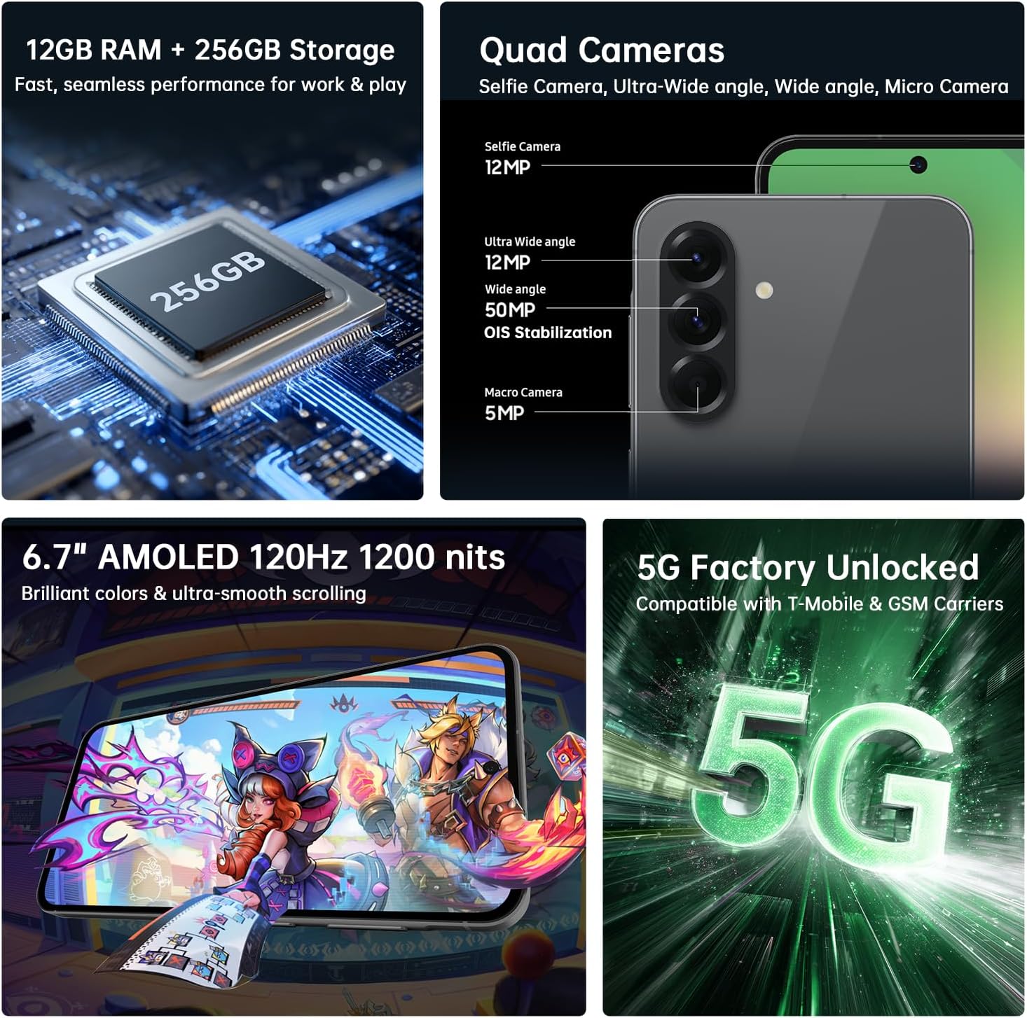 Samsung Galaxy A56 5G Unlocked Smartphone, 12GB RAM 256GB Storage, Android 15 Phone, 6.7" AMOLED, Quad Camera, 24Hr Battery, 2025 International Model, Graphite, Bundle 25W Fast Charger, Case & Lanyard - Image 2