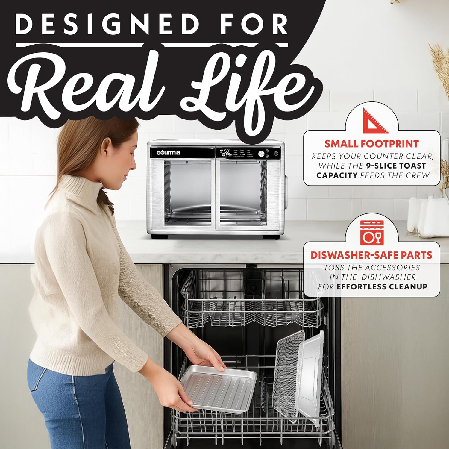 Gourmia French Door Air Fryer Oven - 37 Qt Large Capacity Convection Toaster Oven, FryForce 360°, Digital Display, 12 Cooking Presets, Dehydrate, Fits 13” Pizza, Dishwasher-Safe, Stainless Steel - Image 7