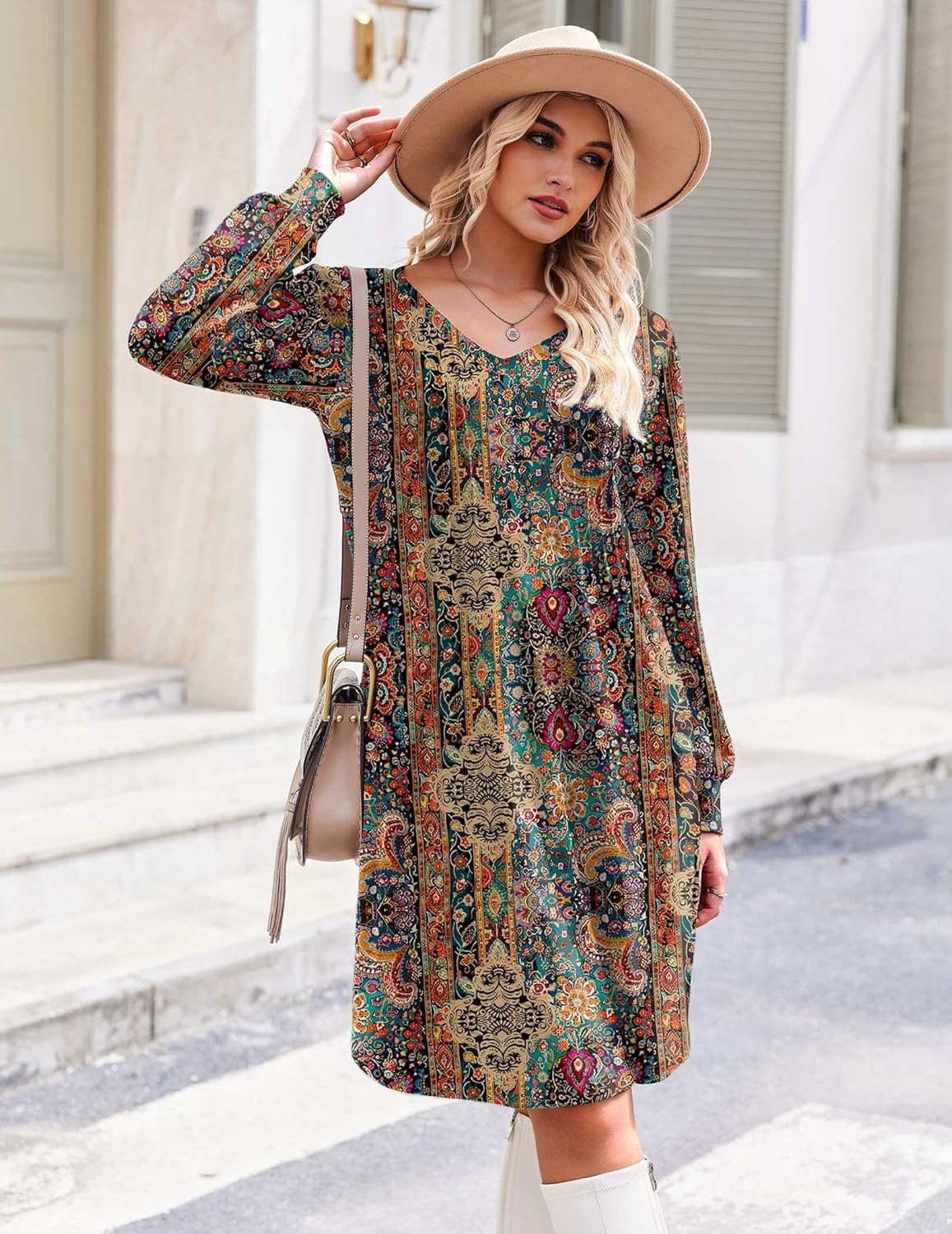 Zeagoo Fall Dresses for Women Long Sleeve Casual Pleated V Neck Dress 2025 A Line Tunic Dress - Image 3