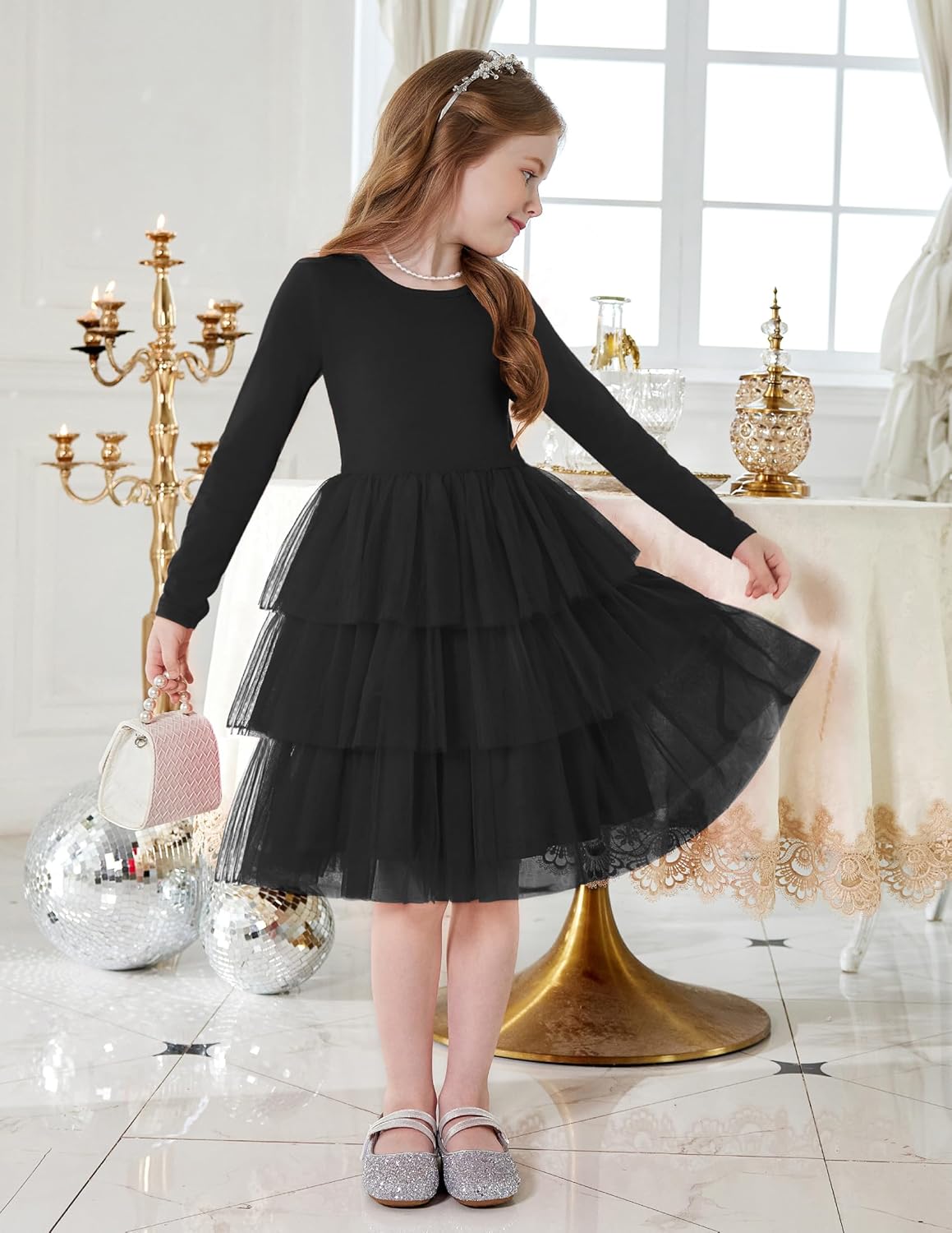 Arshiner Toddler Tutu Dress Girls Long Sleeve Fall Winter Tiered Formal Party Tulle Dresses for Kids 2-6Y - Image 5