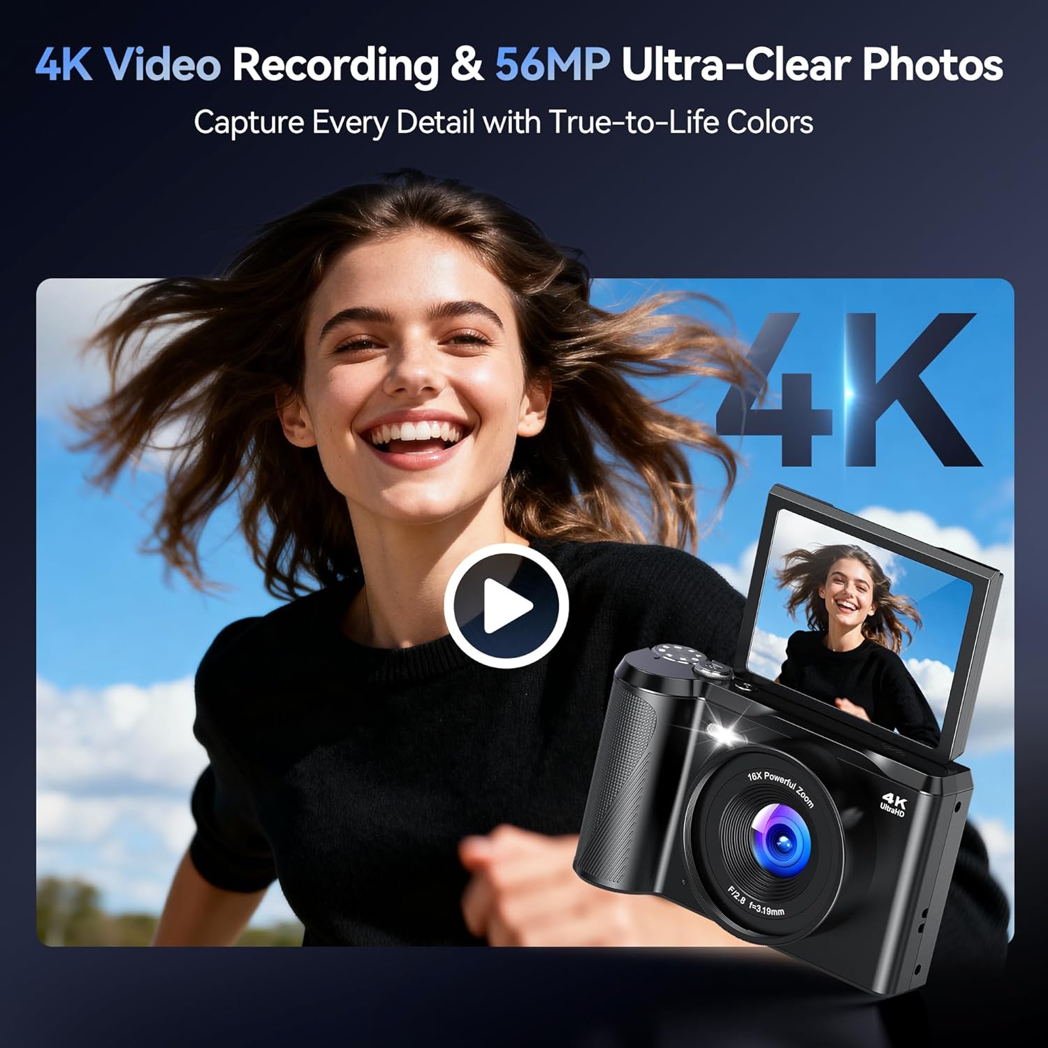 Digital Camera 4K for Photography Vlogging: 56MP Cameras with Mode Dial for Video - 16X Zoom Photo Camera Gifts for Teens Ages 8-16 - 180°Flip Screen Compact Cámara - Point and Shoot Digital Cameras - Image 2