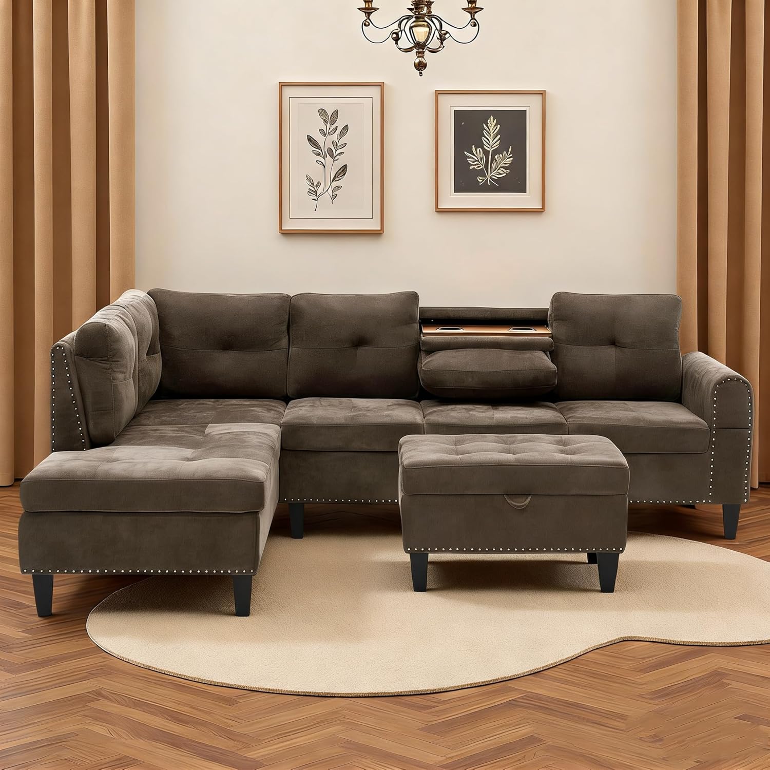 L-Shaped Sectional Sofa with Movable Chaise & Storage Ottoman, Lounge 3-Piece Modular Convertible Couches for Living Room, Apartment & Office, Brown - Image 4