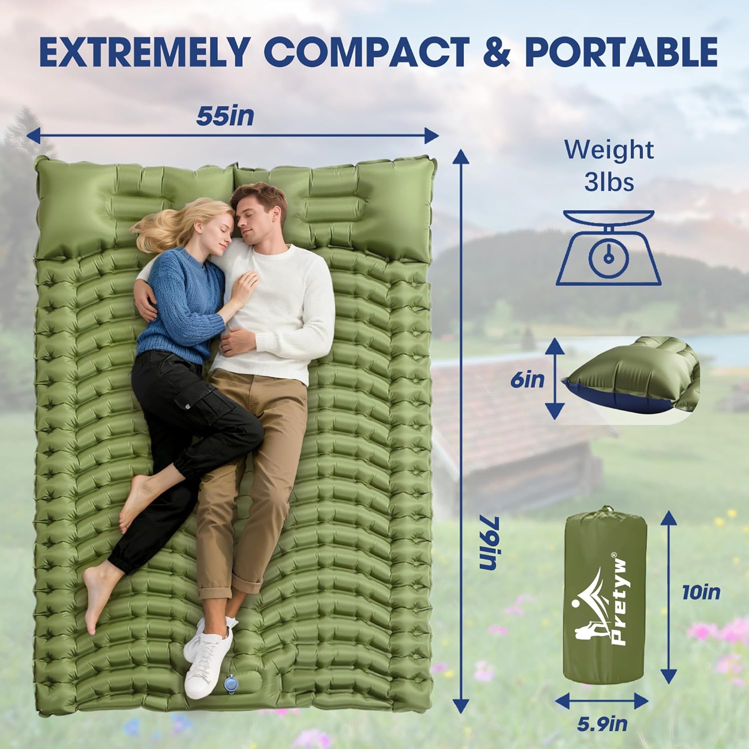 Double Sleeping Pad for Camping - Ultralight Camping Mattress with Pillow, Built-in Foot Pump, Compact Inflatable 2-Person Portable Mat for Backpacking, Hiking, Car Traveling, Beach, Tent - Image 4