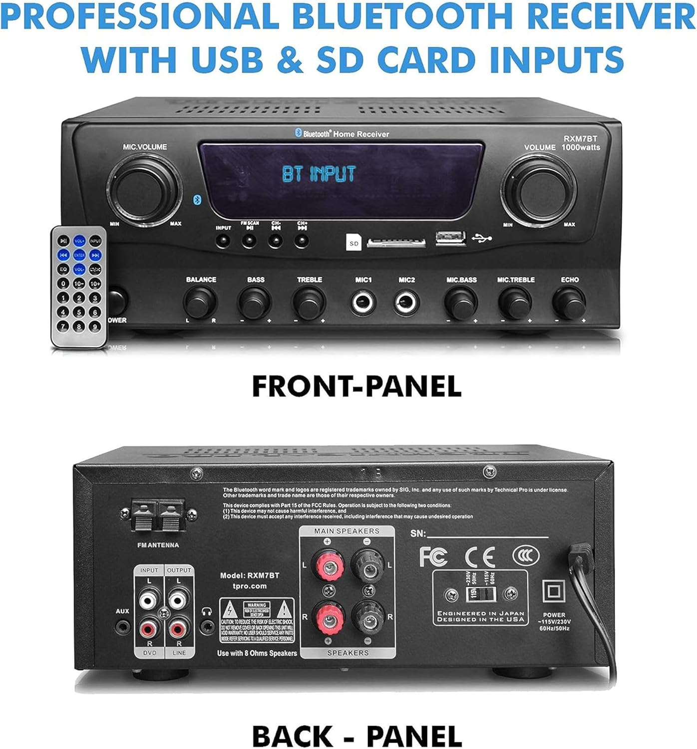 Home Theater System Kit 1000 Watts Bluetooth Receiver w/ 6 Qty 5.25" 175 Watts Each in-Wall in-Ceiling Speakers with Portable Microphone & Remote Control by Technical Pro - Image 3