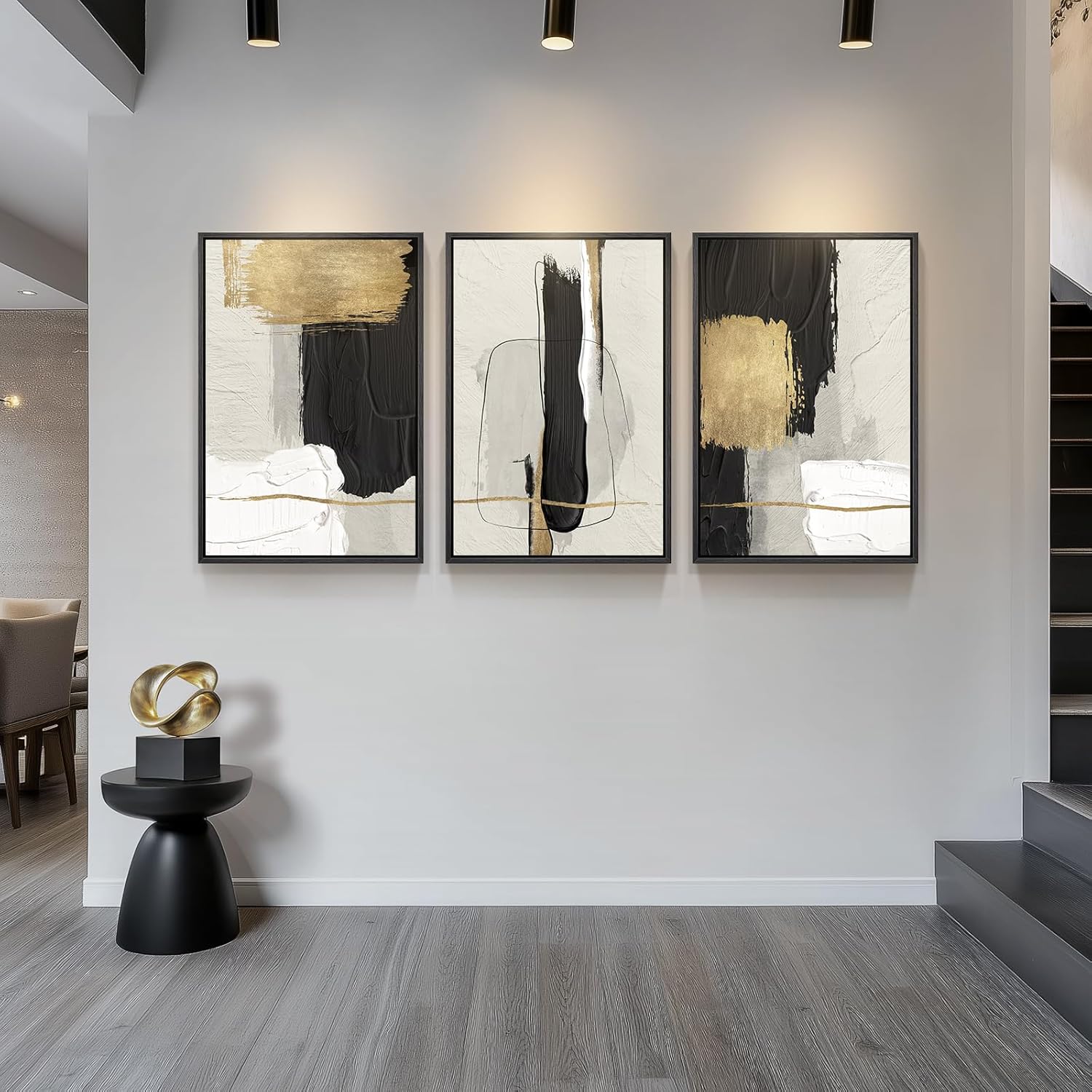 Large Framed Black and White Abstract Wall Art for Living Room, 3 Piece Big Canvas Prints Paintings Artwork for Walls, Modern Minimalist Black Gold Pictures for Hallway Office Wall Decor 24x36 Inch - Image 4
