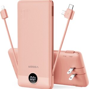 VEGER Portable Charger for iPhone Built in Cables and Wall Plug, 10000mah Slim Fast Charging USB C Power Bank, Travel Essential Battery Pack Compatible with iPhones, iPad, Samsung(Dark Pink)